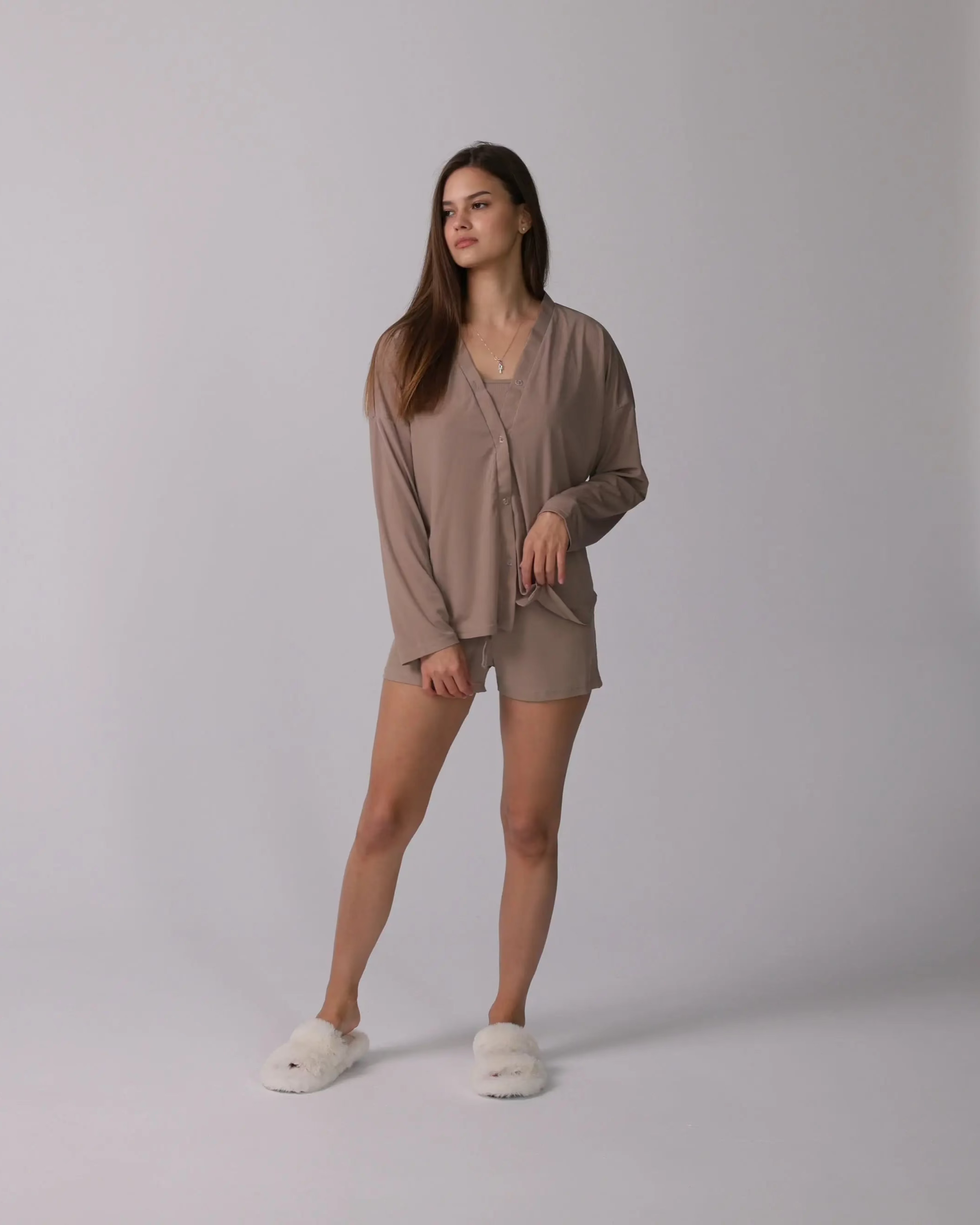 Nina™ Beige Loungewear Set with Shorts - Cozy & Stylish Homewear